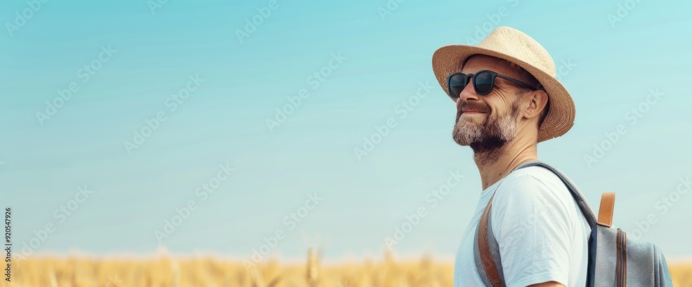 Wall mural Summer explorer posing with a backpack, full body shot, clear white background, natural lighting