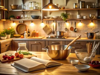 Warm lighting illuminates a clutter-free kitchen where a mixing bowl, utensils, and recipe book remain, hinting at a mother-daughter cooking session just ended.