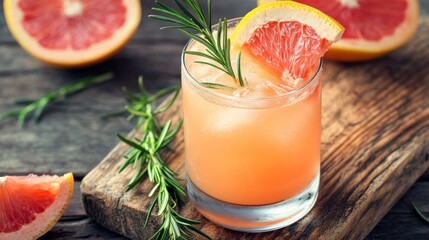 Grapefruit cocktail with rosemary garnish in a glass, served on a wooden cutting board. Vibrant, refreshing drink perfect for summer menu or cocktail recipes. Greyhound, lemonade, paloma, mocktail 