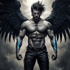 Fototapeta premium A dramatic, high-contrast photograph of a ruggedly handsome male warrior, standing majestic with imposing wings sprouting from his back, and dark, tousled hair falling across his forehead. His piercin