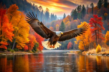 Obraz premium Majestic bald eagle spreads wings, soaring above serene river, amidst vibrant autumn hues of golden, orange, and crimson foliage lining tranquil waterway banks.