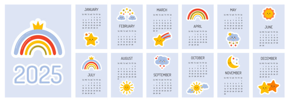 Calendar 2025 template. Monthly calendar 2025 with cute rainbows, stars, moon. 12 Month design template. Starts on Sunday. A modern calendar for kids. Children cute nursery style. Design Template.