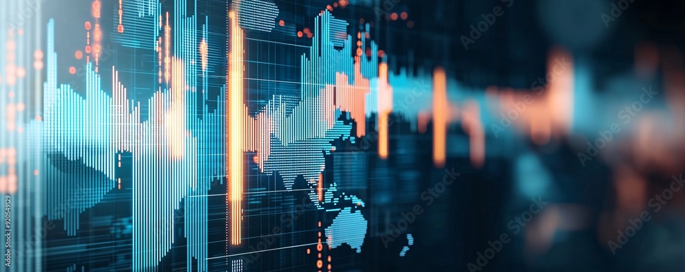 Poster a bar graph showing fluctuating currency values with a world map background, symbolizing the impact 
