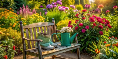 Vibrant flowerbeds surround a vacant gardening seat with worn gloves and watering can, capturing the serenity of a gardener's peaceful outdoor retreat.
