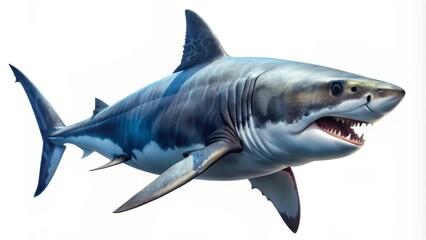 Large great white shark majesticly swims in front of a transparent background, its powerful tail and sharp teeth showcasing its apex predator dominance and ferocity.