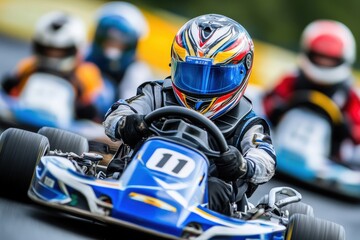 An intense go-kart racing scene showcasing a driver in a blue kart leading the pack with determination, as other competitors strive to catch up on a bright race day.