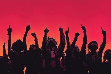 Fototapeta premium Silhouettes of a Crowd of People Raising Their Hands in the Air