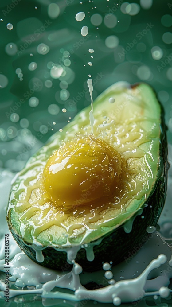 Canvas Prints a halved avocado with a creamy filling is being splashed with a white liquid, creating a beautiful d