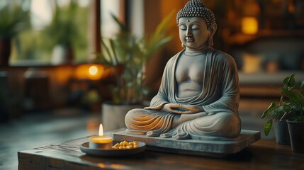 Peaceful Meditation Space with Buddha Statue, Nootropic Capsules, and Candlelight in a Zen-Inspired Setting for Enhanced Calm and Mental Wellness