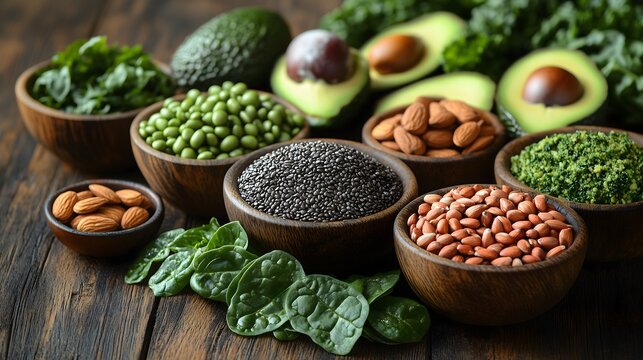 Assortment of Adrenal-Supportive Foods Including Avocados, Nuts, Seeds, and Leafy Greens Arranged on Rustic Wooden Table with Warm Natural Lighting and Earthy Tones