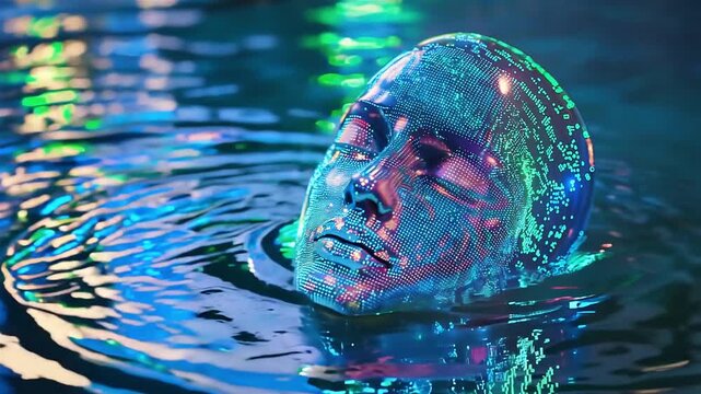 A Head with Small Round Neon Pixel Lights Floating on Water, Reflecting the Glow of Its Lights, a Video Depicting Life's Serenity with Technology
