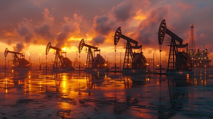 Obraz premium Oil pumps operate at sunset near an oil refinery, reflecting warm colors on the waterlogged ground