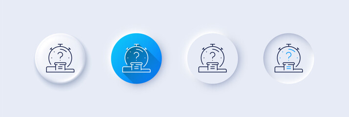 Quiz line icon. Neumorphic, Blue gradient, 3d pin buttons. Timer with question mark. Faq time symbol. Line icons. Neumorphic buttons with outline signs. Vector