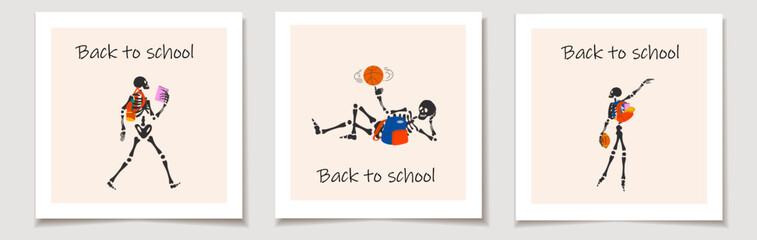 Set of Back to school cards with Funny Skeleton ready for school with school stationery. Greeting cards.