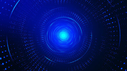 Bright colorful circular spiral. Abstract digital background. Colorful dotted spiral swirls circles. Glowing tunnel background. Futuristic lens. 3d rendering.