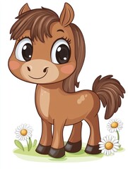Fototapeta premium A cute cartoon brown foal with big eyes and a fluffy tail stands on green grass with three white daisy flowers.