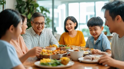Naklejka premium A family sitting around a table with a variety of food