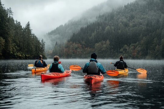 A group of kayakers paddle through the mist on a tranquil lake surrounded by dense forest, creating a peaceful and adventurous atmosphere under overcast skies.