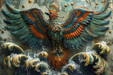 Obraz premium Mythical phoenix bird relief sculpture with spread wings rising above stylized waves on a textured stone wall.