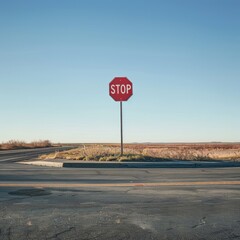 A striking red stop sign sits at the intersection of two quiet roads.