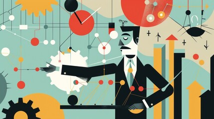 Obraz premium Illustration of a business concept with a puppet master managing a graphic chart. 