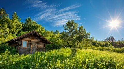 Obraz premium A tranquil wooden cabin in a lush meadow, the greenery sparkling under the summer sun, set against a crystal-clear blue sky.