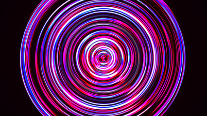 Bright LED tunnel. Colorful effect of colored radial movement. Abstract rounded background. Colored curves and spheres. Multicolor gradient rings and circles. Lens. 3d rendering.
