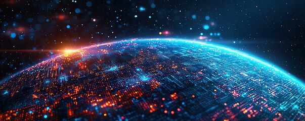 Bright digital Earth with glowing data points, set in space with vibrant colors, side view Emphasizes global technological reach Technology tone Monochromatic Color Scheme