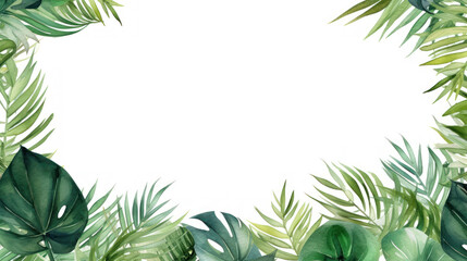 Frame leaves background with empty space. Variety of green tropical leaves, frame effect. The center of the image is blank, a clean whitespace. Tropical aesthetic. Foliage wallpaper.