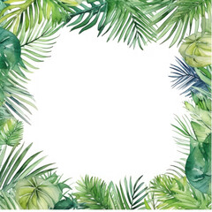 Frame leaves background with empty space. Variety of green tropical leaves, frame effect. The center of the image is blank, a clean whitespace. Tropical aesthetic. Foliage wallpaper.