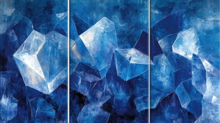 Set of 3 wall art panels with fragmented crystal shapes abstract painting on a deep blue background, close up, split into three on white background