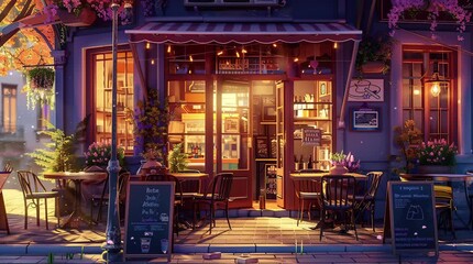 Warm glowing cafe illuminated at night with inviting lights and cozy ambiance
  Seamless looping 4k time-lapse virtual video animation Generated AI
