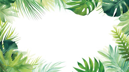 Naklejka premium Frame leaves background with empty space. Variety of green tropical leaves, frame effect. The center of the image is blank, a clean whitespace. Tropical aesthetic. Foliage wallpaper.