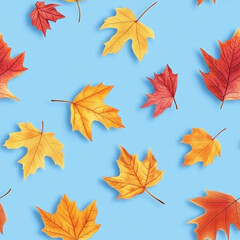Fototapeta premium Seamless pattern colorful autumn leaves isolated on blue background leaf texture with stems and red orange yellow fall colors art illustration wallpaper backdrop repeating pattern.