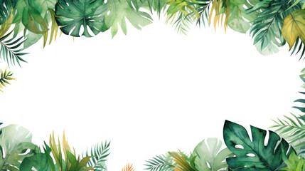 Frame leaves background with empty space. Variety of green tropical leaves, frame effect. The center of the image is blank, a clean whitespace. Tropical aesthetic. Foliage wallpaper.