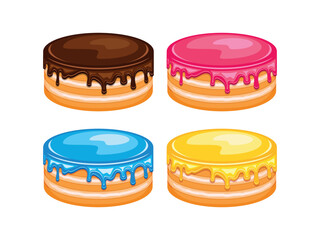 Cakes with chocolate, blue, pink and yellow glaze icon set vector. Set of colorful cakes icons isolated on a white background. Layer vanilla cake with icing drawing