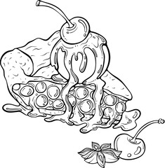 Piece of cherry pie with cherries and star anise. Fruit dessert with a scoop of ice cream. Vector illustration in hand drawn sketch doodle style. Line art isolated on white for coloring book, print