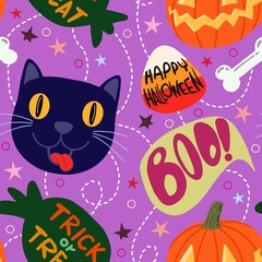 Halloween seamless pattern - creepy pumpkin lanterns with scary faces, traditional holiday halloween symbols ,seamless texture