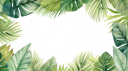 Naklejka premium Frame leaves background with empty space. Variety of green tropical leaves, frame effect. The center of the image is blank, a clean whitespace. Tropical aesthetic. Foliage wallpaper.