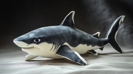 A close-up of a plush shark toy with black and white coloring, lying on a textured white surface with a black background.