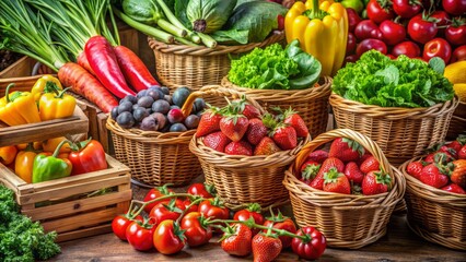 Vibrant arrangement of fresh fruits and vegetables, including juicy strawberries, crisp leafy greens, and vibrant bell peppers, overflowing from wicker baskets and crates.