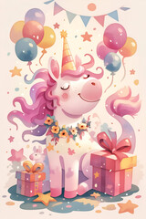 Obraz premium watercolor birthday card with unicorns, stars and presents, balloons. 