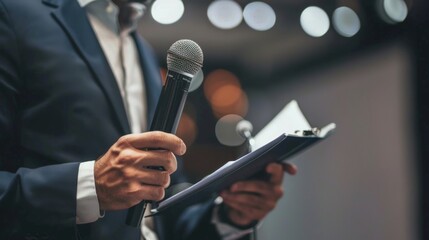Journalist at a press conference or media event, taking notes and holding a microphone. Concept of broadcast journalism.