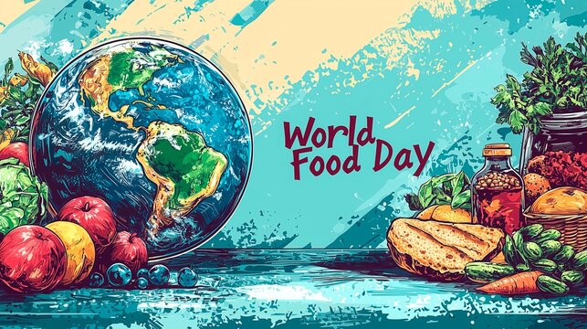 World Food Day celebration featuring a globe surrounded by fresh produce and culinary ingredients on a vibrant background