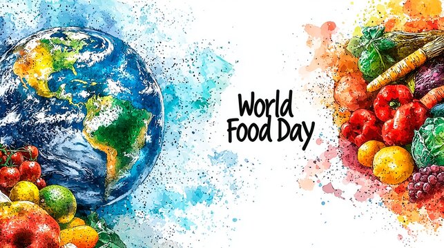 Colorful illustration celebrating World Food Day with Earth and a variety of fruits and vegetables