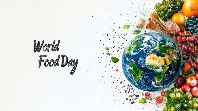 World Food Day celebration featuring a globe surrounded by fresh produce and vibrant vegetables