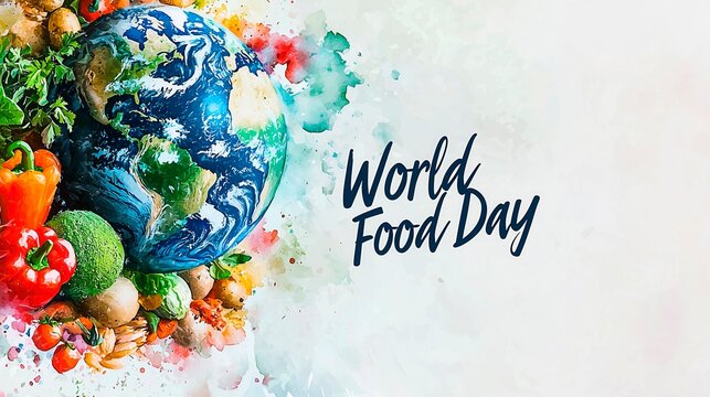 Celebration of World Food Day with a colorful globe surrounded by fresh vegetables and fruits - Powered by Adobe
