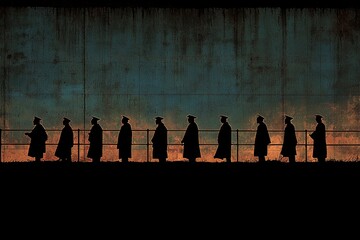 Silhouettes of Men in Line Against a Weathered Wall