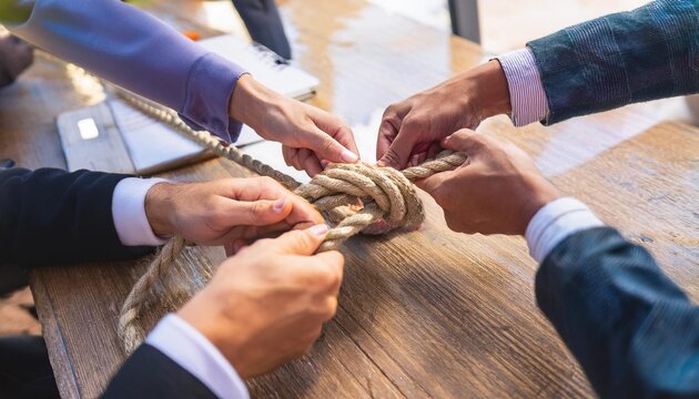 Teamwork in Action: Hands Collaborating to Untangle a Knotted Rope"