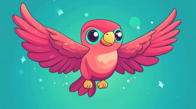 Cute cartoon pink bird with big eyes and yellow beak flying with open wings against turquoise background with white stars.
